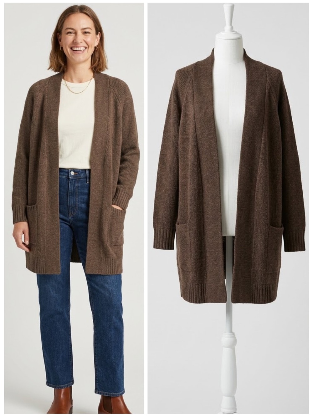 J. Jill Brown Wool Blend Knit Open Front Patch Pocket Cardigan Sweater Large